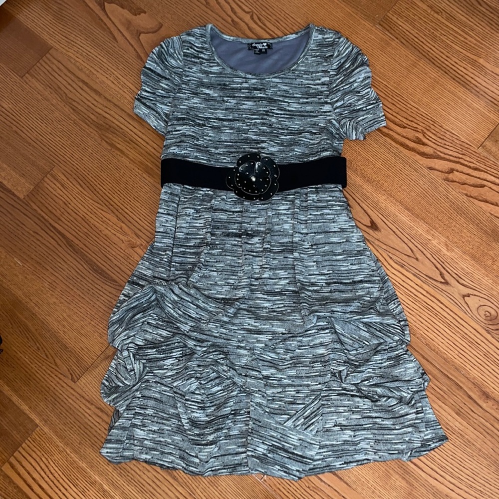 Sequin Hearts Girl’s Ruffled Grey dress with Flower belt